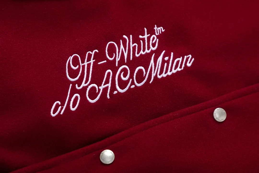 S69#P660, AC Milan offwhite25ss heavily embroidered leather baseball jersey, woolen fabric couple's jacket, black size: S M L XL